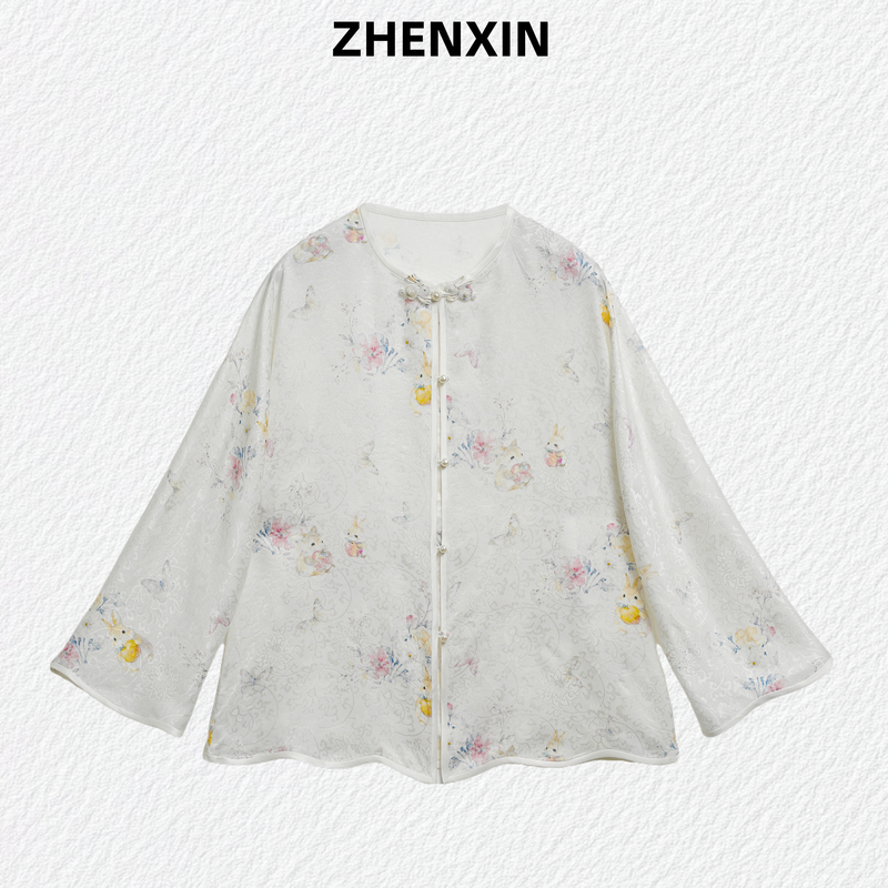 【Peaceful Rabbit】Shangjiu Kui Gold Brocade Floral Satin Cardigan Top, Mulberry Silk Top, Versatile, Suitable for Gifting