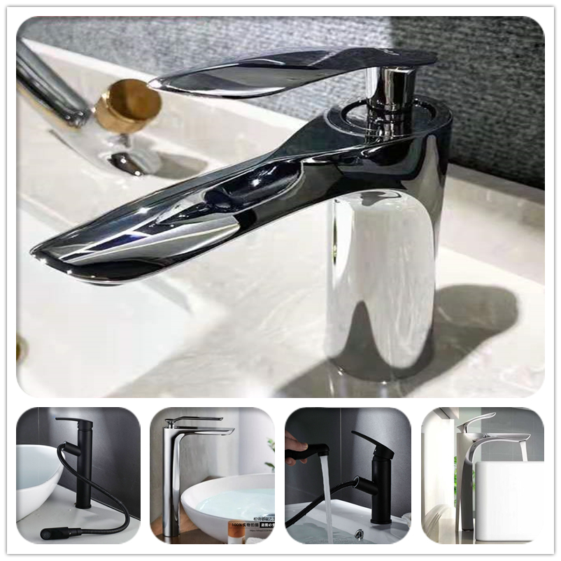 Full copper surface basin tap hot and cold household table basin water nozzle black draw tension swivel tap single hole ceramic valve core