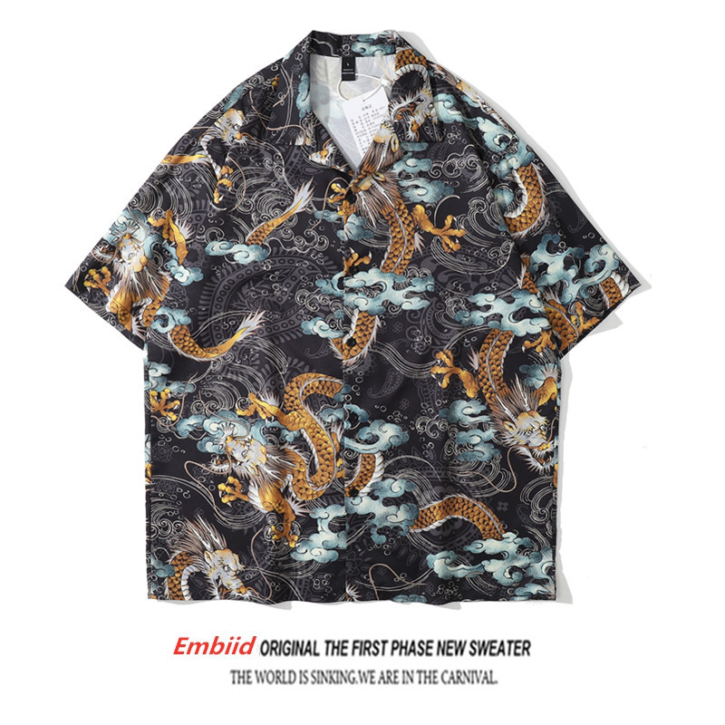 Vintage Retro Golden Dragon Totem Cloud Pattern Shirt for Men, Bold and Classy, Cool and Stylish Summer Shirt Vintage Retro Golden Dragon Totem Cloud Pattern Shirt for Men, Bold and Classy, Cool and Stylish Summer Shirt