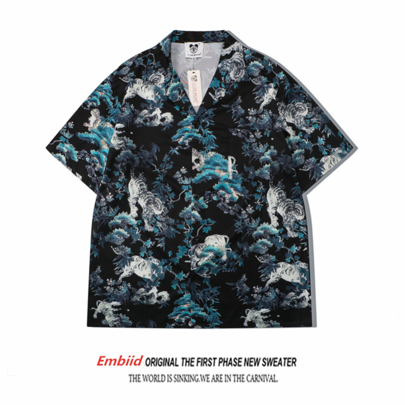 Wang Yibo Celebrity-Style Tiger Shirt Short-Sleeved Unisex High-End Cool Cuban Collar Street Dance Shirt Wang Yibo Celebrity-Style Tiger Shirt Short-Sleeved Unisex High-End Cool Cuban Collar Street Dance Shirt