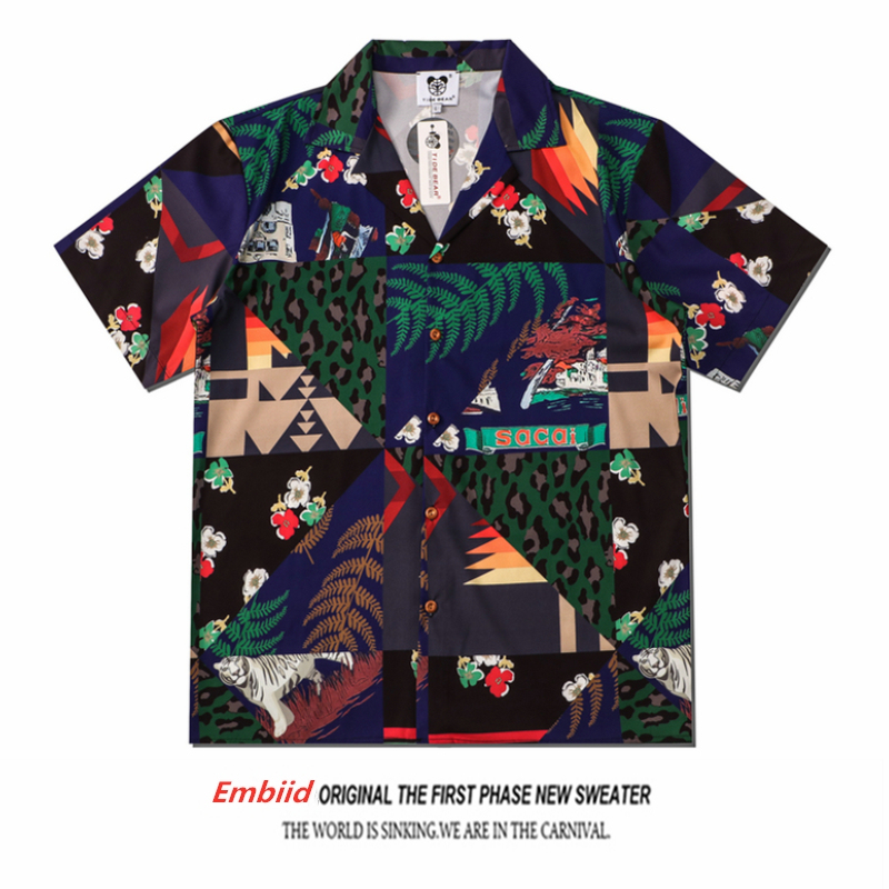 American Retro Design Patchwork Tiger Forest Cuban Collar Shirt for Men and Women, Trendy and Cool Vacation Shirt for Summer