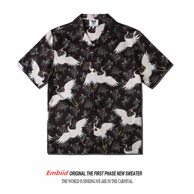 ins Super Popular Crane Floral Shirt Short-Sleeved Men's Korean Style Handsome Loose Hawaiian Beach Vacation Shirt