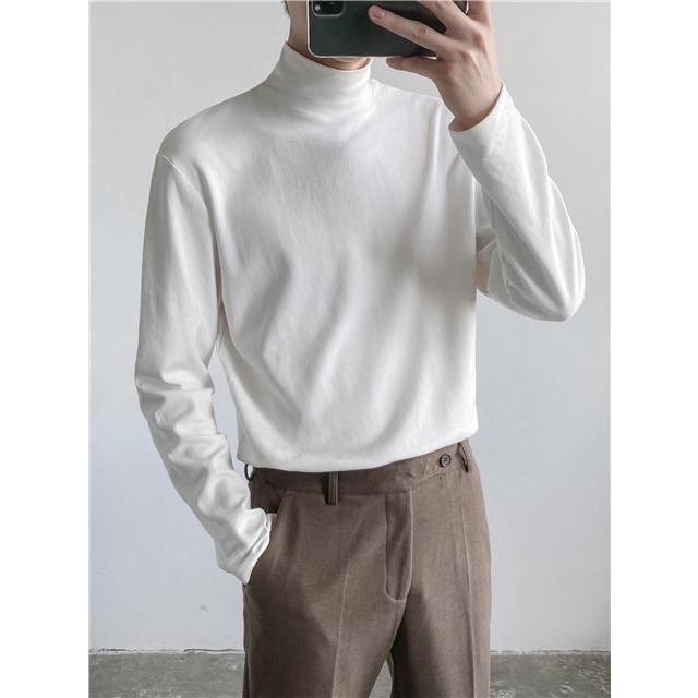ins Spring Tops Korean Style Youth Slim Fit Half-Turtleneck T-Shirt Men's Solid Color Trendy Long Sleeve Base Shirt