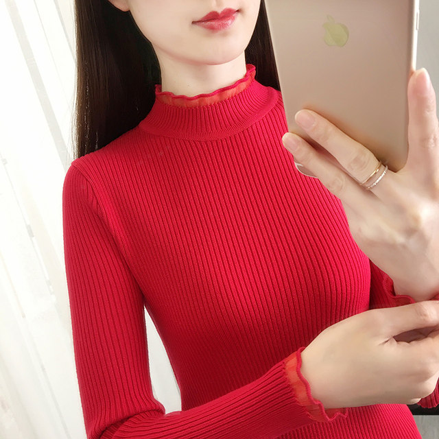 Half turtleneck sweater bottoming shirt women's foreign style top autumn and winter new slim fit tight knit sweater short section in the collar