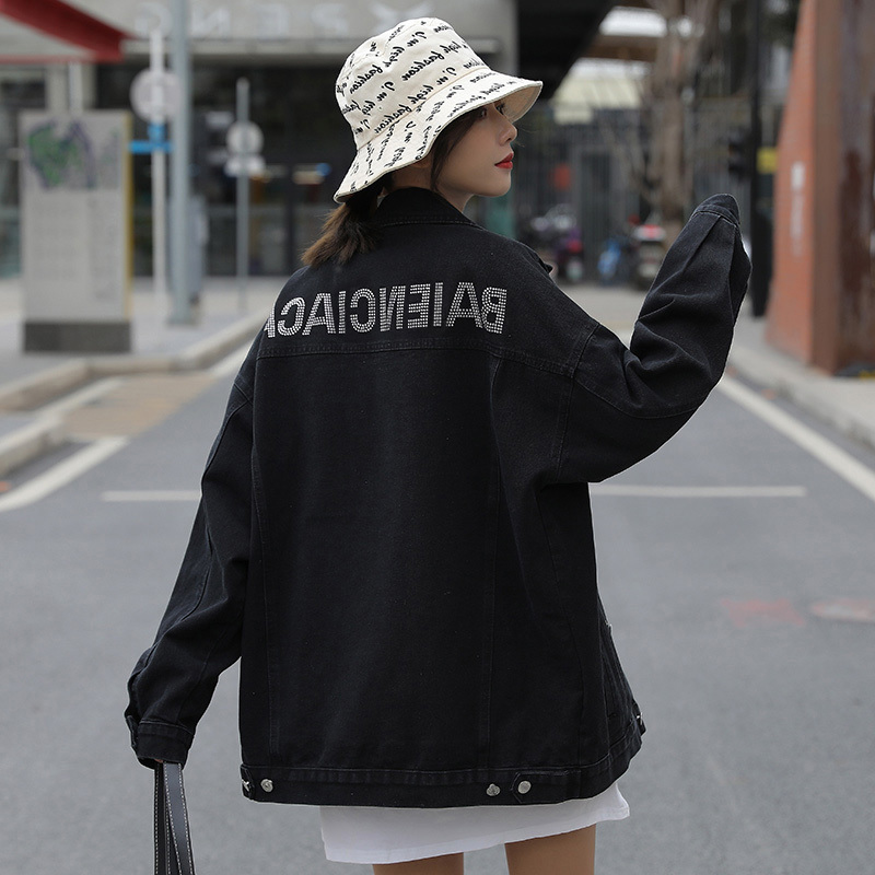 2026 New Black Denim Jacket for Women, Spring and Autumn, Letter Rhinestone Embellishment, Loose Fit, Slimming, Bf Couple Style, Mid-Length Top