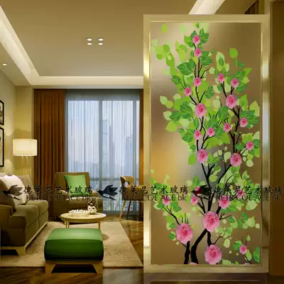 Custom art glass screen partition entrance cabinet TV background wall craft decoration glass living room now green leaves