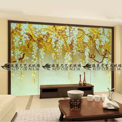 Guangzhou art glass TV background wall living room entrance screen partition deep carving process stacked Cui Liujin