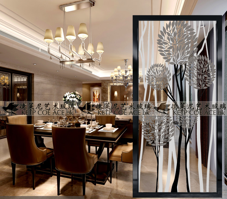 Art Glass Screen Process Glass Shoe Cabinet Xuanguan Partition Transparent Transfer Door Tempered Glass Through Black And White Silver Tree