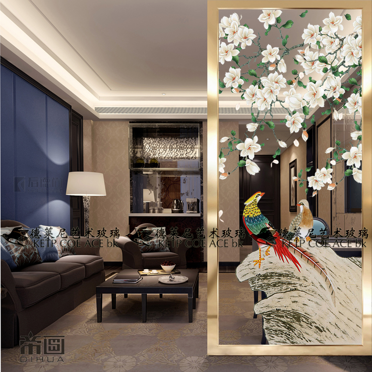 Art glass light and luxurious decorative screen partition living room Xuanguan modern Sino-American style frosted light transmission bifacial jade and bird