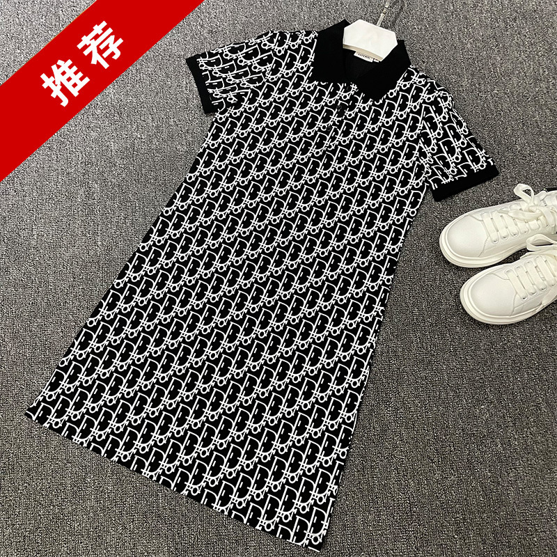 2026 Summer New Style Monogram Print Polo Dress for Women, Plus Size, Turn-Down Collar, Mid-Length T-Shirt Sports Dress