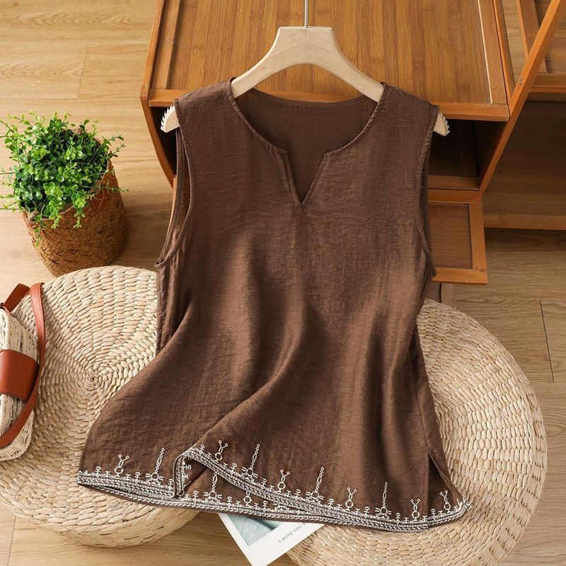 Chinese Style Summer New Loose Versatile Cotton and Linen Large Size Embroidered Tank Top V-Neck Thin Sleeveless Base Shirt for Women