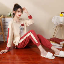 Spring and autumn pajamas womens fashion casual can wear suit knitted cotton round neck long sleeve autumn and winter two-piece home wear