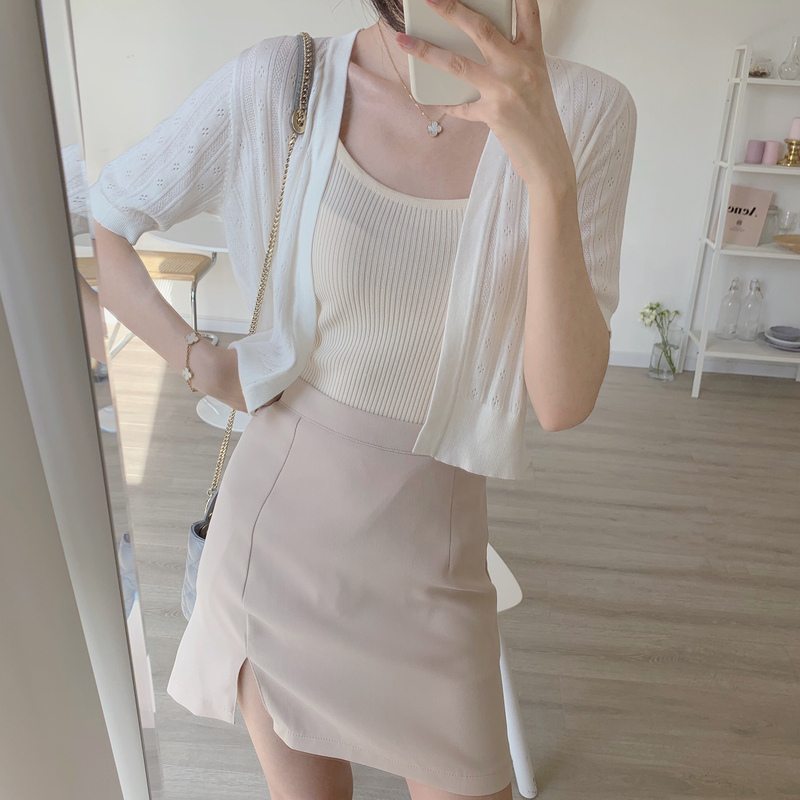 Ice Silk Cardigan for Women, Summer Thin Short-Sleeved Knit Top to Wear with Skirts, Loose Hollow-Out Sun Protection Shawl Top