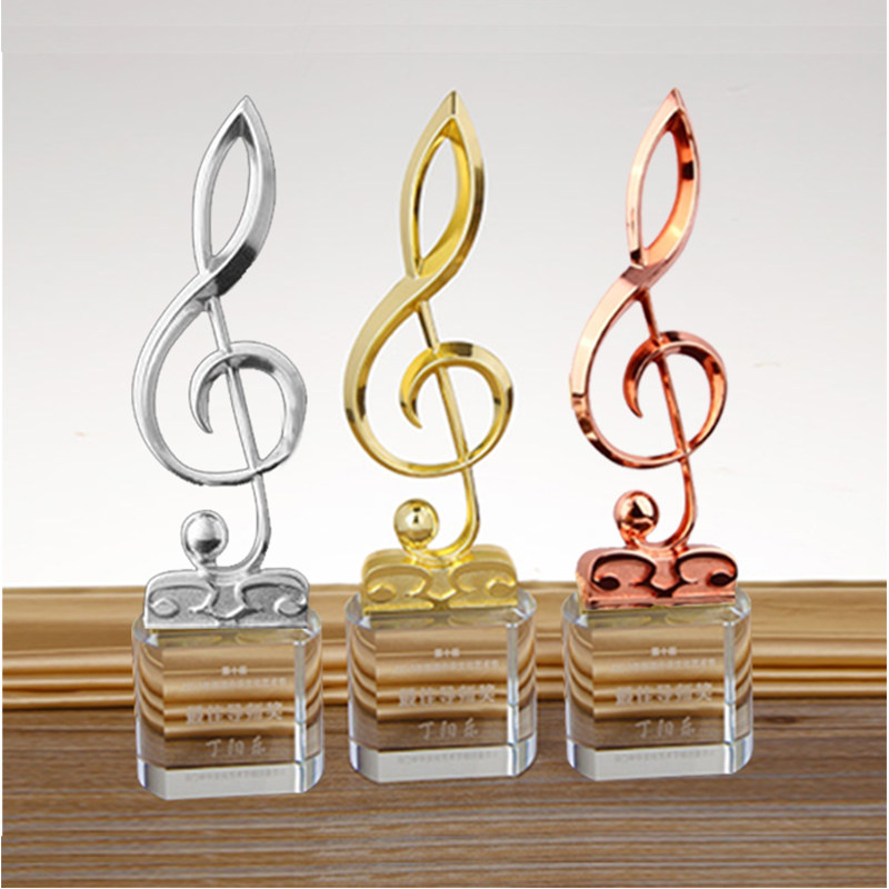 Crystal Trophy Custom Notes Trophy Metal Gold Mike Trophy Singing Competition Creative Music Prizes Set