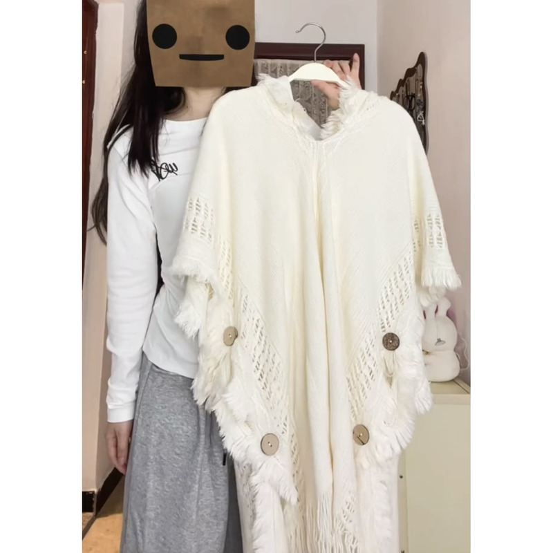 Beige Forest-Style Cape Shawl Versatile Tassel Sweater Knitwear for Prairie Travel Bohemian Cape Scarf for Women