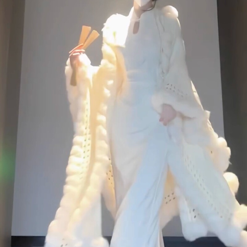 Autumn and Winter Cheongsam Shawl with Twist-Knit Fur Cape, Thick and Long, Warm Sweater Coat, Chinese Style for Women