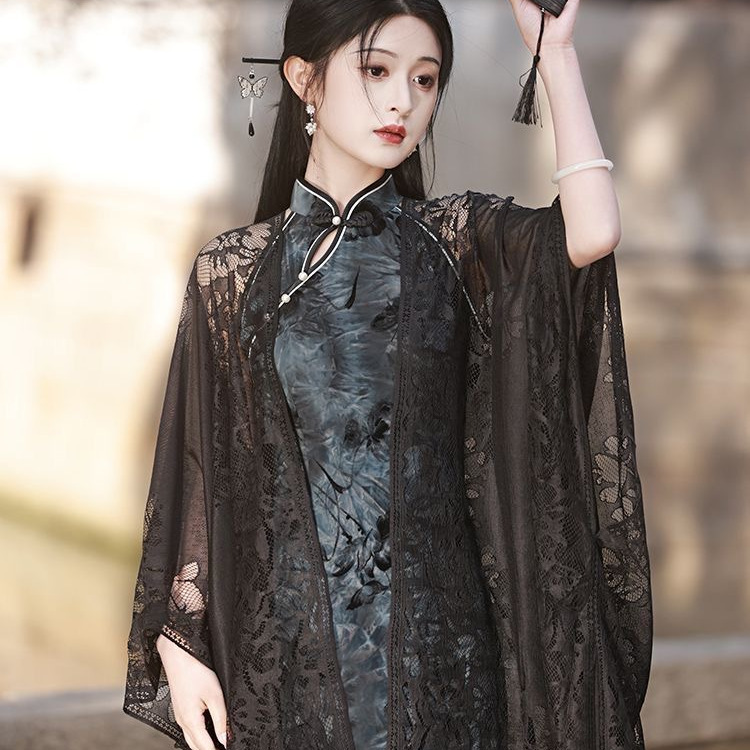 Black Shawl Paired with a Cheongsam, New Chinese-Style Lace Hollow-Out Tassel Cape, Worn over a High-End Jacket, Cardigan, Cloak, or Cover-Up Black Shawl Paired with a Cheongsam, New Chinese-Style Lace Hollow-Out Tassel Cape, Worn over a High-End Jacket, Cardigan, Cloak, or Cover-Up