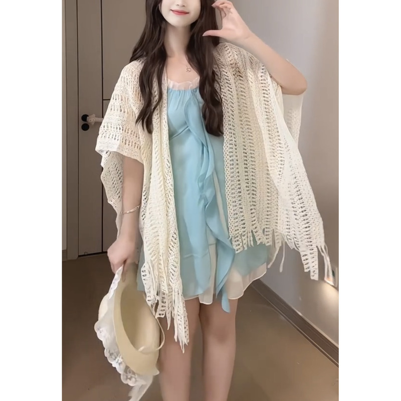 Summer New Style Bohemian Tassel Hollow-Out Sun Protection Cover-Up Lace Shawl Cardigan for Women Vacation Style Camisole Outerwear
