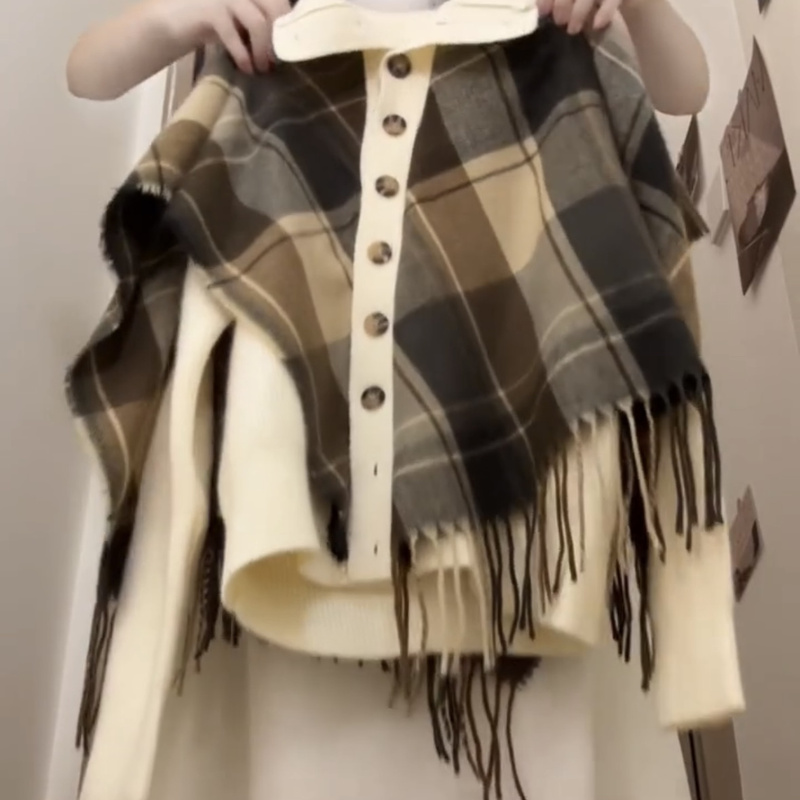 Irregular Fake Two-Piece Argyle Knit Cardigan for Women, Autumn and Winter Outerwear, French Retro Loose Cape Shawl Coat