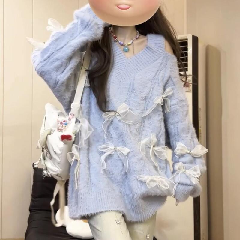 Bow-Tie Off-Shoulder V-Neck Sweater for Women, Autumn and Winter Wear, Design with a Lazy Style, Chic, Sweet and Spicy, Loose Knitted Top