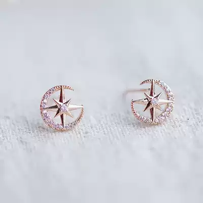 Simple wind S925 sterling silver needle eight stars moon ear needle pink zircon rose gold cute 2021 New