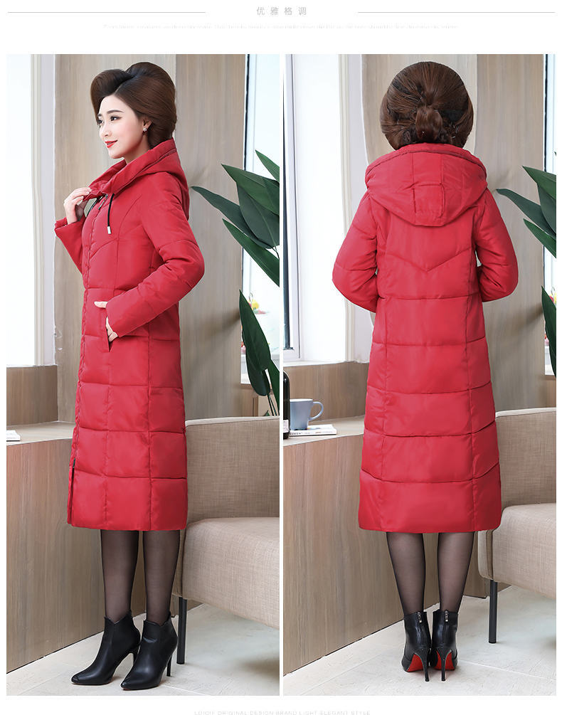 Áo khoác cotton mùa đông cho phụ nữ đầu gối dài trùm đầu của phụ nữ trung niên dày bông ấm áo khoác xuống áo khoác áo thun nữ trung niên