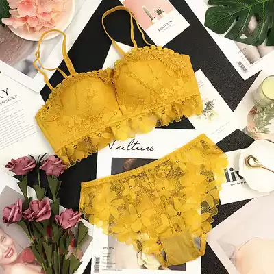 Sweet lace non-steel ring gathered bra set Japanese small chest adjustment type incognito breast underwear women's thick section
