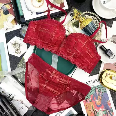 No trace soft steel ring sexy half cup underwear set women gather adjustment type red plaid underwear set