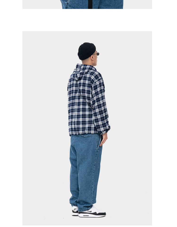WASSUP mùa thu hai màu flannel kẻ sọc sanding áo khoác trùm đầu áo khoác mùa thu và mùa đông nam và nữ mô hình hoang dã các kiểu áo công sở de thương