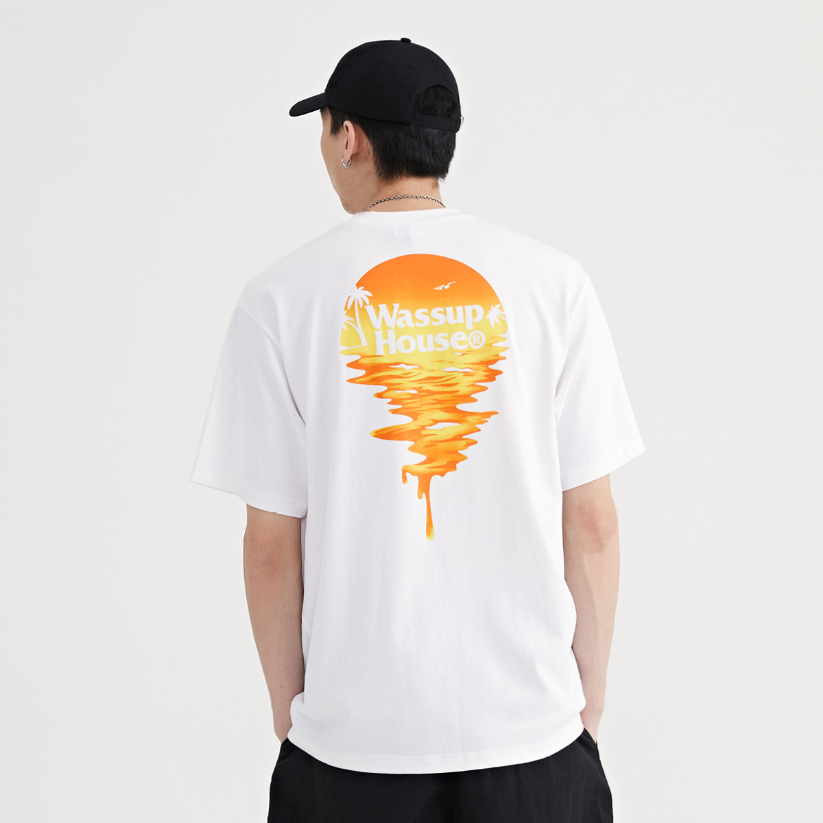 Wassup short-sleeved tide brand 2021 new summer men's national tide black white female sunset T-shirt couple loose