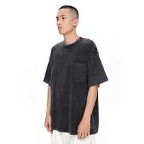 WASSUP Mens T-shirt summer vulcanized old washed craft basic pocket Short sleeve crew neck casual large size