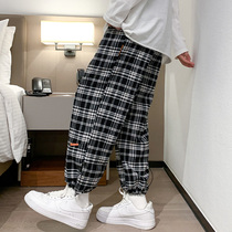 Loose pants mens Spring and Autumn New drawstring loose size nine sports pants plaid pants casual trousers men