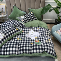 Winter thickened warm fresh coral velvet embroidery four-piece milk velvet plaid quilt cover Flannel bedding