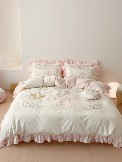 可爱猫咪︱春夏款韩式少女心刺绣全棉纯棉公主风四件套水洗棉被套