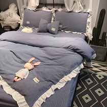 Spring and summer four-piece cotton cotton lace Princess wind bed sheet duvet cover washed cotton striped bedding