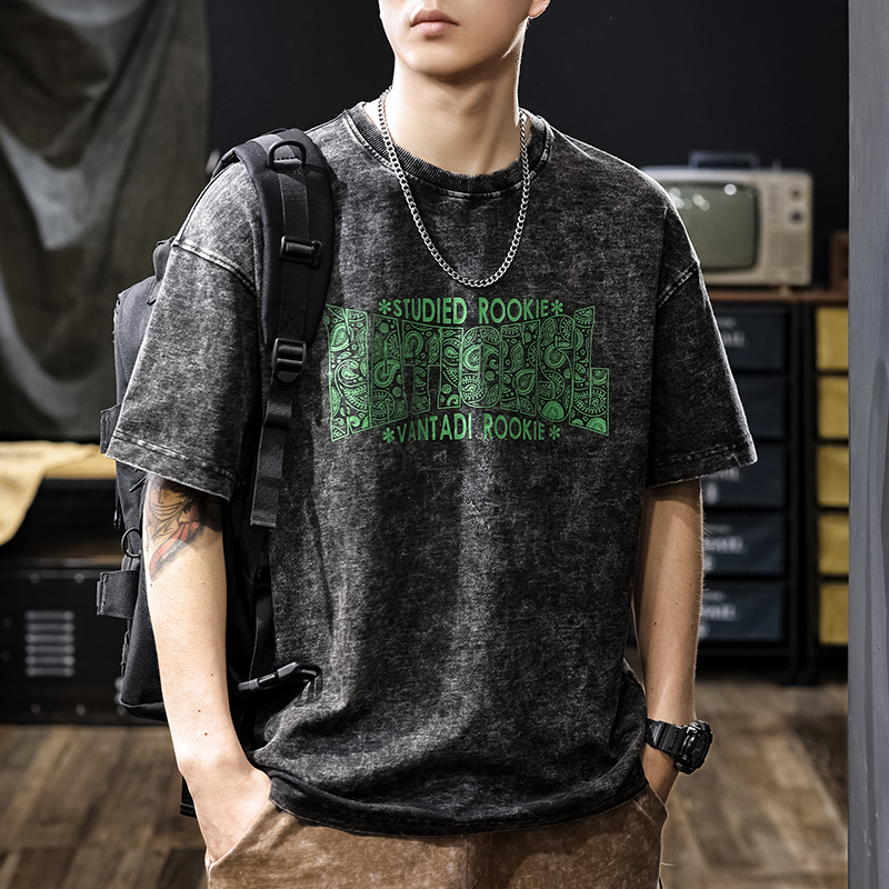 American-Style Heavyweight Washed Vintage Short-Sleeve T-Shirt for Men, Summer Trendy Brand, Loose Fit, Plus Size Half-Sleeve Men's Denim T-Shirt