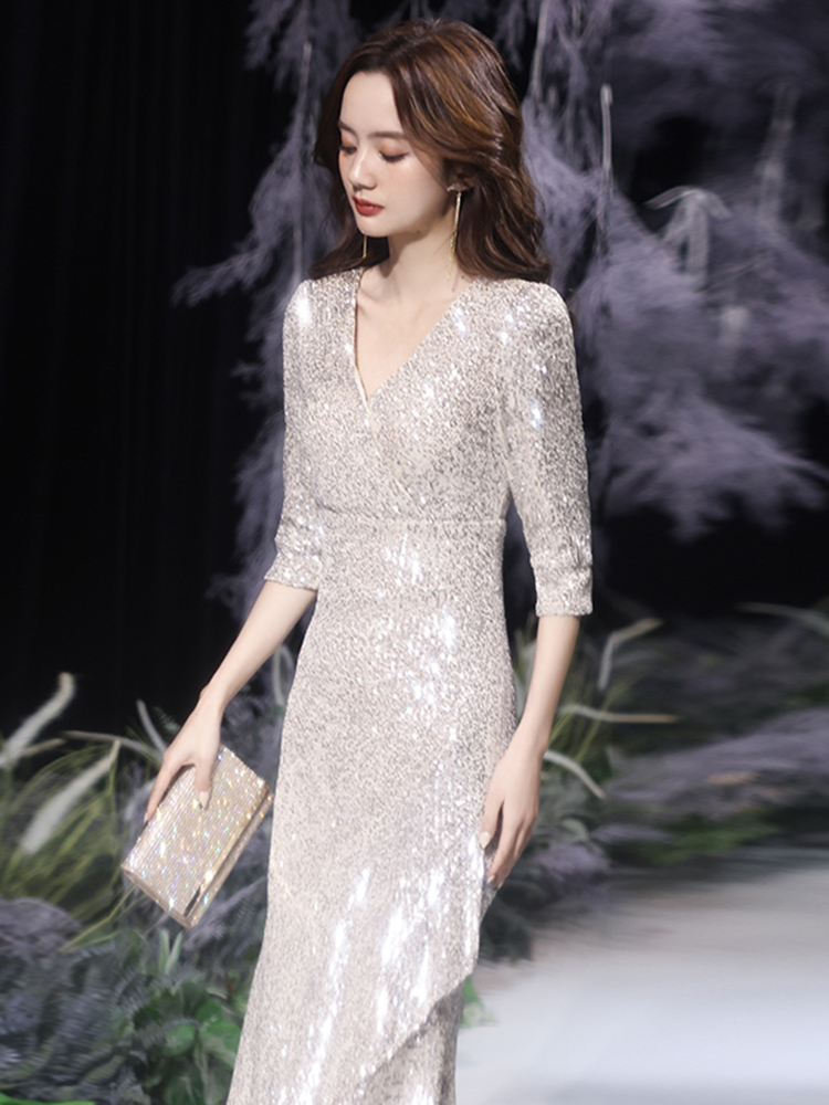 Advanced silver elite evening dress, 2023 collection, high-end, bright catchy style, french style, 