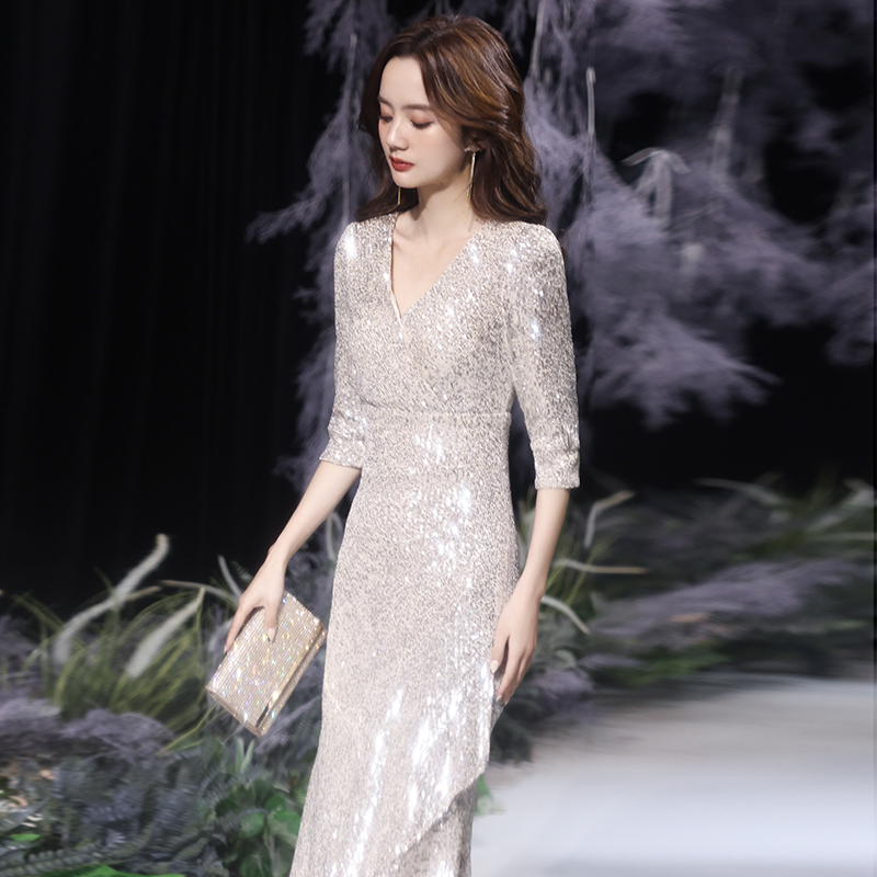 Evening Dress for Women 2026 New Style High-End Elegant French Banquet Fishtail Silver Sequin Host High-End Annual Meeting