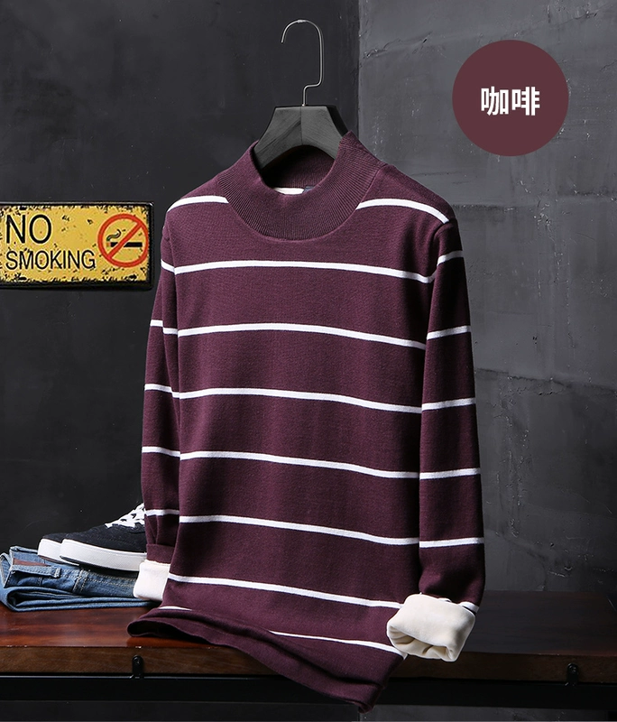 Cộng với áo len dày nhung cổ áo nam Slim mùa đông ấm áp quần áo chạm đáy áo sơ mi nam cotton nửa cổ cao
