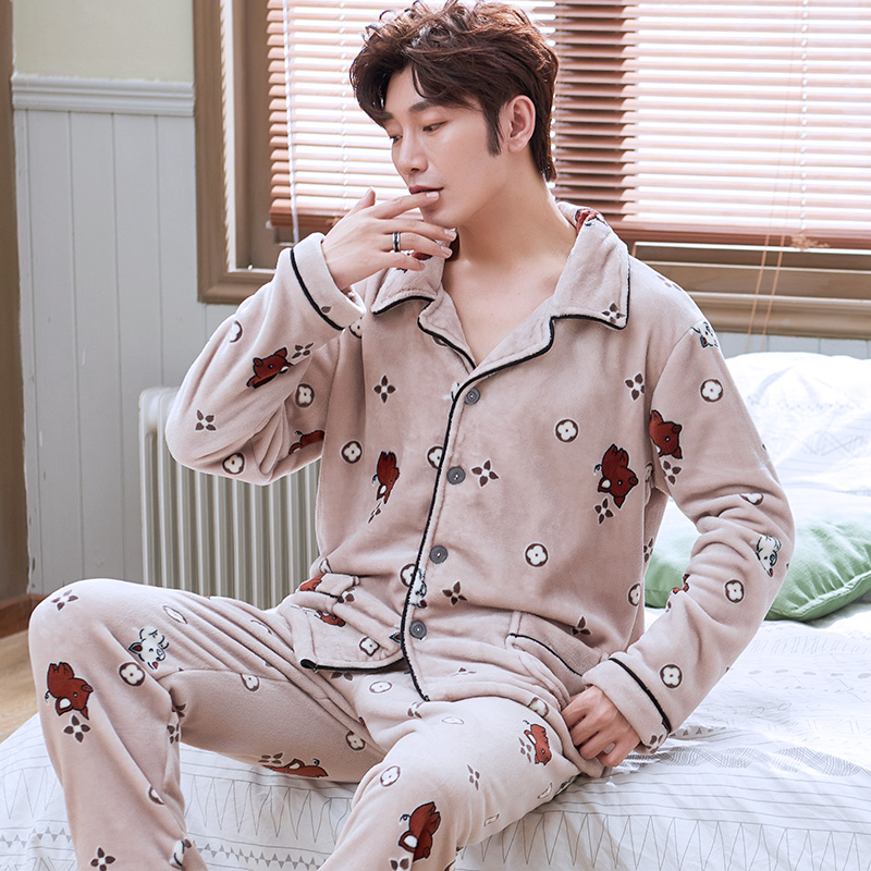 Hàn Quốc phiên bản của mùa đông nhung san hô mới pajamamens mùa thu và mùa đông flannel dày cộng với nhung bộ đồ dài tay quần áo về nhà.