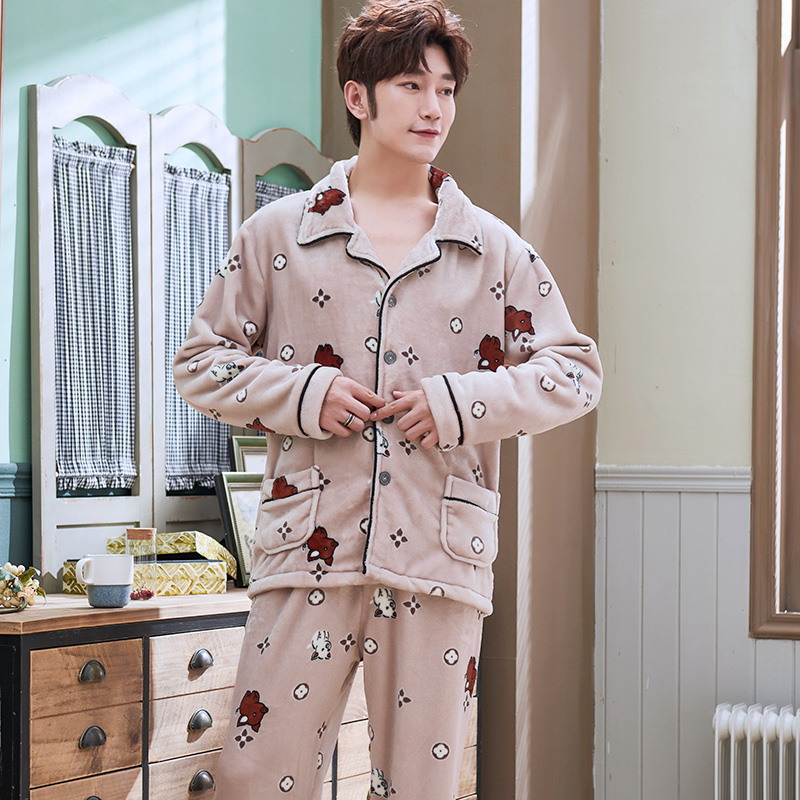 Hàn Quốc phiên bản của mùa đông nhung san hô mới pajamamens mùa thu và mùa đông flannel dày cộng với nhung bộ đồ dài tay quần áo về nhà.