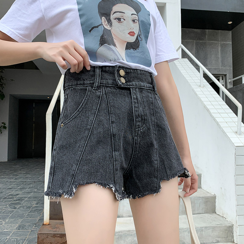 Net quần short denim màu đỏ của phụ nữ 2020 mới thẳng cao eo bên ngoài mặc một triều mỏng chic ba điểm quần nóng loose-fitting một chữ