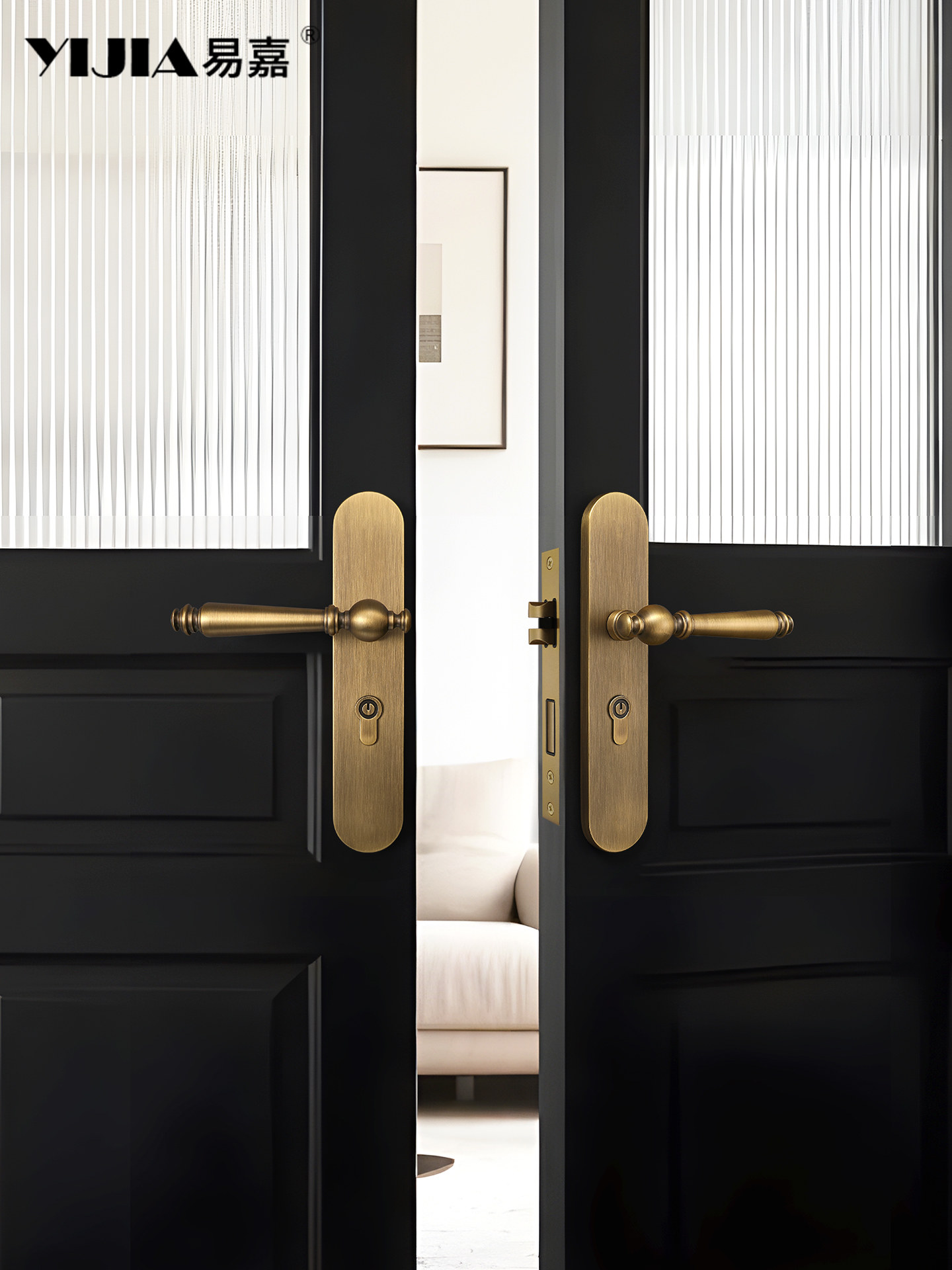 French-Style Vintage Interior Double Door Lock Brass Antique-Style Office Conference Room Double Door Master-Slave Door Lock Handle