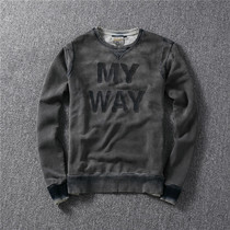 Autumn new vintage style old washed letter patch sewn crew neck sweater High density tripe terry top