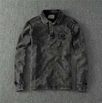 Spring and Autumn European and American men washed old polo shirt Long sleeve slim lapel antler embroidery Pure cotton retro long T-shirt