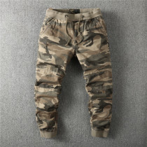 Europe and the United States retro military camouflage trousers jogging pure cotton washing mens drawstring overalls closed pants small feet tide