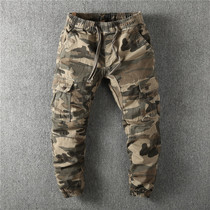 European and American retro mens fashion slim multi-pocket tooling camouflage casual trousers Autumn and Winter cotton thick jogging pants