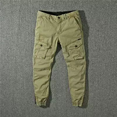 American retro old series casual pants Tooling multi-pocket pants Men's slim cigarette tube pants Jogging drawstring pants