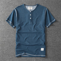 Ammerclick Summer Youth knitted denim Blue Henry collar T-shirt Tide Cards Pure Cotton Elastic Casual Short Sleeve Blouse