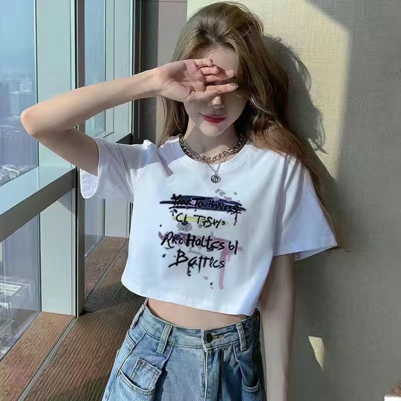 2023 New Korean Style Round Neck Short-Sleeved T-Shirt for Women, Loose Fit, High-Waisted, Cropped, Trendy Short Top ins Summer